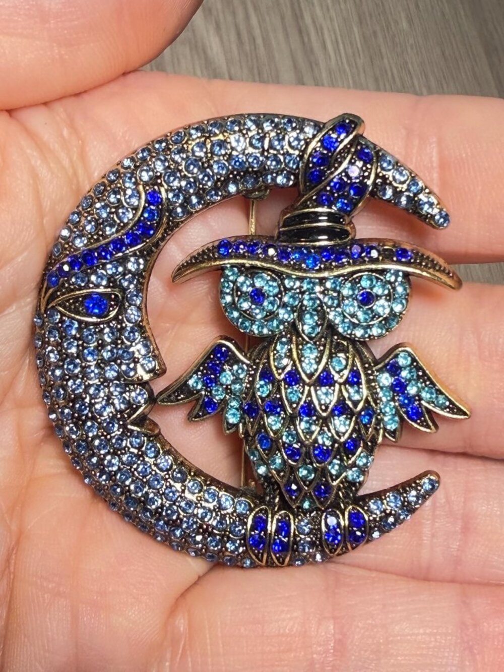 Owl on Crescent Moon Brooch Blue Rhinestones Witch Hat 2 inches